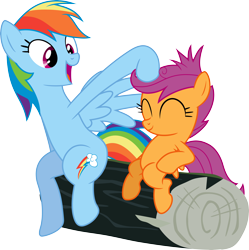 Size: 6000x6023 | Tagged: safe, artist:plsim, rainbow dash, scootaloo, pegasus, pony, absurd resolution, eyes closed, log, noogie, scootalove, simple background, sitting, transparent background, vector