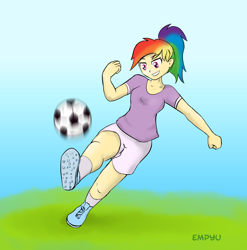 Size: 1000x1014 | Tagged: safe, artist:empyu, rainbow dash, human, 30 minute art challenge, football, humanized, solo