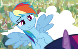 Size: 711x447 | Tagged: safe, screencap, rainbow dash, twilight sparkle, twilight sparkle (alicorn), alicorn, pegasus, pony, testing testing 1-2-3, female, lidded eyes, mare, out of context