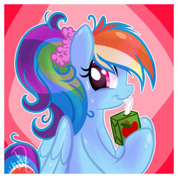 Size: 2100x2100 | Tagged: safe, artist:xwhitedreamsx, rainbow dash, pegasus, pony, alternate hairstyle, drinking, juice box, ponytail, simple background, sipping, solo, straw, sweat