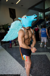 Size: 1365x2048 | Tagged: safe, artist:djtaaaam, rainbow blitz, rainbow dash, human, 2014, clothes, convention, cosplay, fanimecon, fit, friendship is manly, hoers mask, irl, irl human, muscles, photo, rule 63, shorts, solo, topless