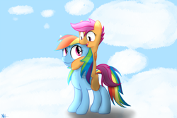 Size: 2500x1666 | Tagged: safe, artist:jetta-like-volkswagen, artist:jettaarts, rainbow dash, scootaloo, pegasus, pony, cloud, cloudy