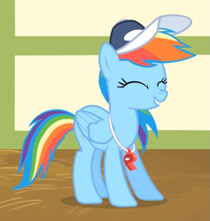 Size: 791x833 | Tagged: safe, screencap, rainbow dash, pegasus, pony, flight to the finish, cute, dashabetes, eyes closed, female, happy, hat, mare, smiling, solo, whistle