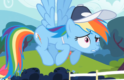 Size: 1104x716 | Tagged: safe, screencap, rainbow dash, pegasus, pony, flight to the finish, face, flying, hat, solo, whistle