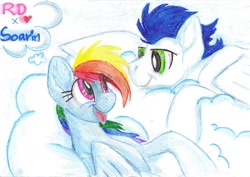 Size: 1024x727 | Tagged: safe, artist:lionessfortune, rainbow dash, soarin', pegasus, pony, cloud, cloudy, female, heart, lying, male, on back, prone, shipping, smiling, soarindash, straight, traditional art