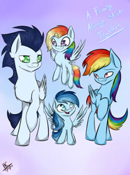 Size: 1024x1371 | Tagged: safe, artist:hayley1432, rainbow dash, soarin', oc, oc:ragtag, oc:shooting star, pegasus, pony, family, female, filly, male, offspring, parent:rainbow dash, parent:soarin', parents:soarindash, shipping, soarindash, straight