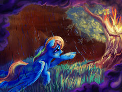 Size: 1200x900 | Tagged: safe, artist:viwrastupr, rainbow dash, pegasus, pony, cover art, fanfic art, fire, rain, sad, solo, tree