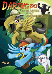 Size: 710x1002 | Tagged: safe, artist:creepynurse, ahuizotl, daring do, rainbow dash, pegasus, pony, book cover, horseshoes, indiana jones, mitsy