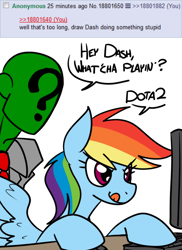 Size: 500x687 | Tagged: dead source, safe, artist:reiduran, rainbow dash, oc, oc:anon, pegasus, pony, 4chan, :p, clothes, computer mouse, dota 2, hoof hold, keyboard, monitor, necktie, smiling, spread wings, suit, tongue out