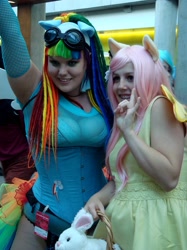 Size: 800x1067 | Tagged: artist needed, safe, fluttershy, rainbow dash, human, 2013, clothes, convention, corset, cosplay, fanimecon, goggles, irl, irl human, photo