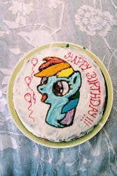 Size: 853x1280 | Tagged: safe, rainbow dash, pegasus, pony, blue coat, cake, female, mare, multicolored mane