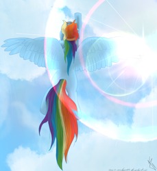 Size: 1024x1118 | Tagged: safe, artist:sonicrainboom93, rainbow dash, pegasus, pony, cloud, female, flying, goggles, lens flare, mare, sky, solo, spread wings, wings