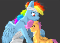 Size: 1020x725 | Tagged: safe, artist:deadfactory-rd-brony, rainbow dash, scootaloo, pegasus, pony, bandage, rainbow factory dash, simple background