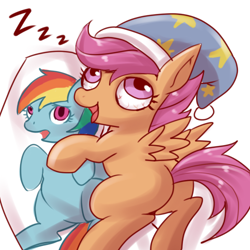 Size: 500x500 | Tagged: safe, artist:three, rainbow dash, scootaloo, pegasus, pony, body pillow, creepy, hat, nightcap, pixiv, sleeping, stalkerloo, zzz