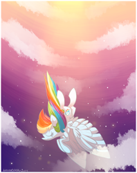 Size: 1024x1293 | Tagged: safe, artist:awkwardvixen, rainbow dash, pegasus, pony, cloud, cloudy, eyes closed, flying, solo, stars