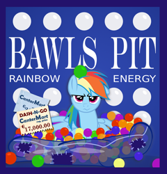 Size: 800x835 | Tagged: safe, artist:pixelkitties, rainbow dash, pegasus, pony, 3:, ball pit, bawls, bawls energy drink, dashcon, floppy ears, frown, glare, label, looking at you, solo, spread wings, unamused, wavy mouth