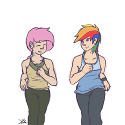 Size: 900x900 | Tagged: safe, artist:xenstroke, fluttershy, rainbow dash, human, humanized, jogging