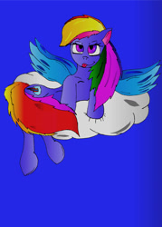 Size: 756x1057 | Tagged: dead source, safe, artist:nightoffear, rainbow dash, pegasus, pony, cloud, female, mare, simple background, smiling, solo, spread wings, tongue out, wings