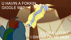 Size: 1280x720 | Tagged: safe, edit, edited screencap, screencap, derpy hooves, rainbow dash, pegasus, pony, the last roundup, are you frustrated?, facepaste, female, image macro, mare, meme, reaction image, u wot m8, vulgar