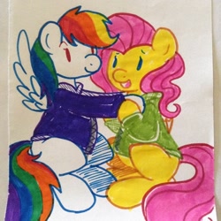 Size: 1280x1280 | Tagged: safe, artist:leslers, fluttershy, rainbow dash, pegasus, pony, bottomless, clothes, female, flutterdash, lesbian, partial nudity, shipping, sweater, sweatershy, traditional art