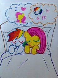 Size: 956x1280 | Tagged: safe, artist:leslers, fluttershy, rainbow dash, pegasus, pony, bed, female, flutterdash, heart, lesbian, shipping, sleeping, traditional art