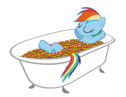 Size: 1776x1371 | Tagged: safe, artist:flare-chaser, rainbow dash, pegasus, pony, "bathing" in food, arm behind head, bath, bathtub, candy, claw foot bathtub, crossed legs, eyes closed, food, relaxing, simple background, skittles, smiling, solo, taste the rainbow, transparent background