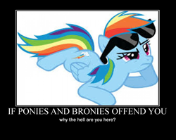 Size: 746x595 | Tagged: safe, rainbow dash, pegasus, pony, demotivational poster, drama bait, exploitable meme, meme, mouthpiece, needs more jpeg, op is a cuck, op is trying to start shit, solo