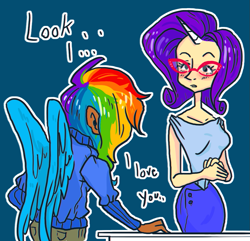 Size: 985x948 | Tagged: safe, artist:stevetwisp, rainbow dash, rarity, human, confession, female, humanized, lesbian, raridash, shipping, simple background