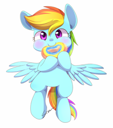 Size: 486x550 | Tagged: safe, artist:sion, rainbow dash, pegasus, pony, :t, blushing, cute, dashabetes, donut, eating, feeding dash, happy, looking at you, puffy cheeks, simple background, smiling, solo, spread wings, tubby wubby pony waifu