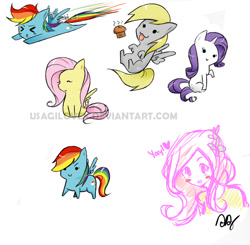 Size: 1103x1079 | Tagged: safe, artist:usagilovex, derpy hooves, fluttershy, rainbow dash, rarity, human, blush sticker, blushing, chibi, humanized, muffin, tongue out