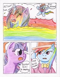 Size: 790x1011 | Tagged: safe, artist:the1king, rainbow dash, rarity, twilight sparkle, twilight sparkle (alicorn), alicorn, pegasus, pony, unicorn, comic:fluttershy and the rainbow factory, fanfic:rainbow factory, comic, female, mare, parody, traditional art, wet, wet mane, wet mane rarity, willy wonka and the chocolate factory