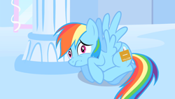 Size: 1280x720 | Tagged: safe, edit, edited screencap, screencap, rainbow dash, pegasus, pony, sonic rainboom (episode), bronycon, cloudsdale, color communications badges, drama, solo