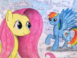 Size: 1024x776 | Tagged: safe, artist:thefriendlyelephant, fluttershy, rainbow dash, pegasus, pony, cloud, cloudy, duo, feather, smirk, traditional art, wings