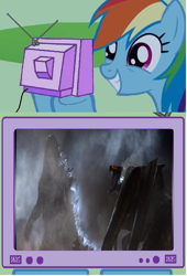 Size: 700x1028 | Tagged: safe, rainbow dash, kaiju, pegasus, pony, spoiler:godzilla 2014, atomic breath, exploitable meme, femuto, godzilla, godzilla (series), godzilla 2014, meme, muto, obligatory pony, tv meme