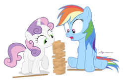 Size: 900x600 | Tagged: safe, artist:dm29, rainbow dash, sweetie belle, pegasus, pony, duo, jenga, mouth hold, simple background, transparent background