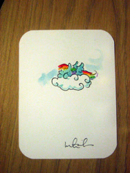 Size: 768x1024 | Tagged: safe, artist:katiecandraw, rainbow dash, chibi, cloud, irl, solo, traditional art, watercolor painting