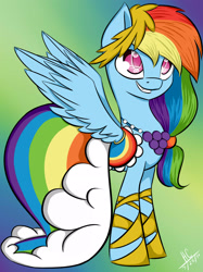 Size: 1936x2592 | Tagged: safe, artist:hayley1432, rainbow dash, pegasus, pony, the best night ever, clothes, dress, gala dress, smiling, solo, spread wings