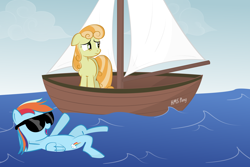 Size: 3000x2000 | Tagged: safe, artist:pterocorn, junebug, rainbow dash, pegasus, pony, boat, junebug answers, ship, sunglasses