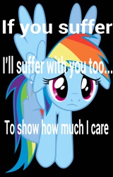 Size: 714x1118 | Tagged: artist needed, source needed, safe, rainbow dash, pegasus, pony, bronybait, floating, reaction image, sad, solo, text