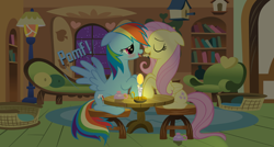 Size: 8000x4284 | Tagged: safe, artist:shutterflyeqd, fluttershy, rainbow dash, pegasus, pony, absurd resolution, candle, date, eating, female, flutterdash, fluttershy's cottage, lesbian, night, pomf, romantic, sandwich, shipping, vector, wingboner