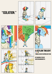 Size: 1450x2050 | Tagged: safe, artist:dreamingnoctis, rainbow dash, spitfire, pegasus, pony, ask asylum twilight, asylum, depression, implied death, sad, sonic rainboom, straitjacket, surreal, tumblr