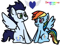 Size: 720x540 | Tagged: safe, artist:dansenhedgehog, rainbow dash, soarin', pegasus, pony, backwards cutie mark, female, male, shipping, soarindash, straight