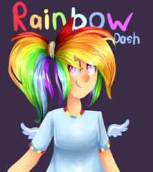 Size: 624x699 | Tagged: safe, artist:baid-woo, rainbow dash, human, clothes, floating wings, humanized, ponytail, smiling, solo, t-shirt, winged humanization