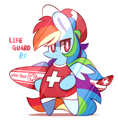 Size: 780x800 | Tagged: safe, artist:php56, rainbow dash, pegasus, pony, bipedal, chibi, clothes, female, lifeguard, mare, shirt, simple background, solo, surfboard, white background, white eyes