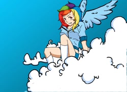 Size: 960x698 | Tagged: safe, artist:cristychan96, rainbow dash, human, cloud, humanized, winged humanization