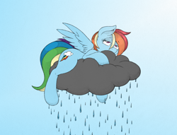 Size: 1232x942 | Tagged: safe, artist:joey darkmeat, artist:shawnyall, rainbow dash, pegasus, pony, cloud, cloud hugging, cloudy, colored, rain, sad, solo