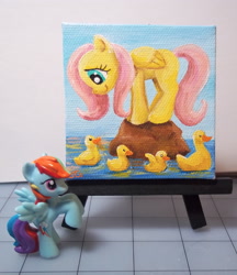 Size: 2458x2850 | Tagged: safe, artist:cadmiumcrab, fluttershy, rainbow dash, duck, acrylic painting, animal, irl, painting, size difference, toy, traditional art, water