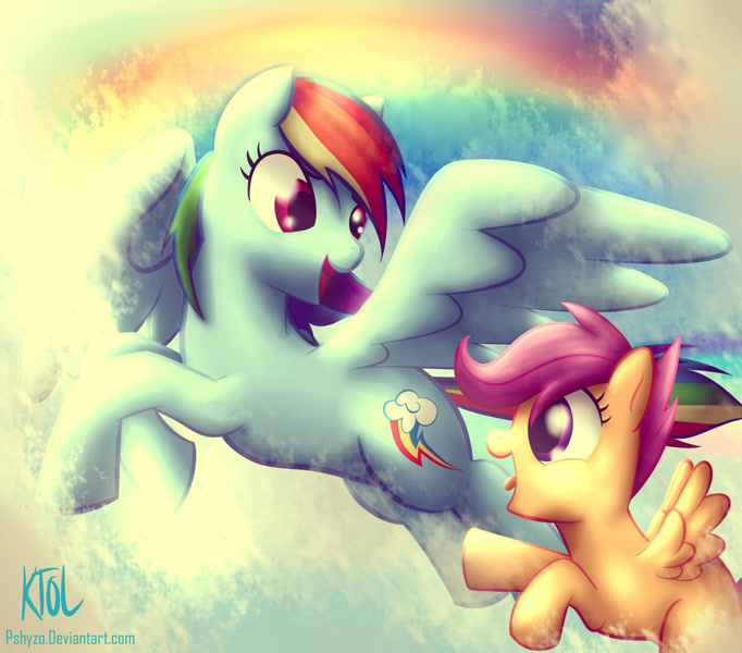 scootaloo and rainbow dash flying