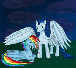 Size: 1024x927 | Tagged: safe, artist:gondaro, rainbow dash, soarin', pegasus, pony, female, male, rain, shipping, soarindash, straight