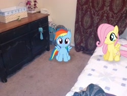 Size: 2592x1944 | Tagged: safe, artist:chubble-munch, artist:posey-11, artist:tokkazutara1164, fluttershy, rainbow dash, bed, curtain, dresser, filly fluttershy, filly rainbow dash, irl, photo, ponies in real life, sitting, vector